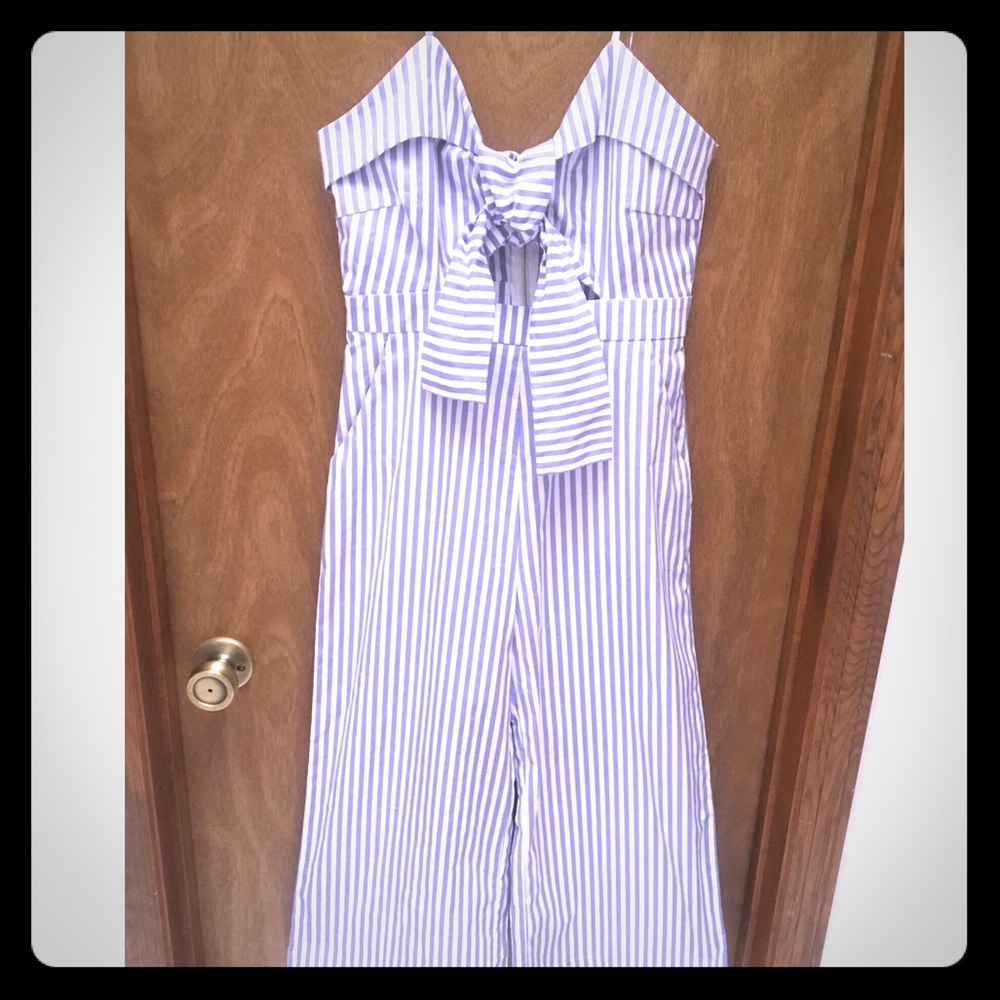 Blue and white pin striped wide-leg jumpsuit